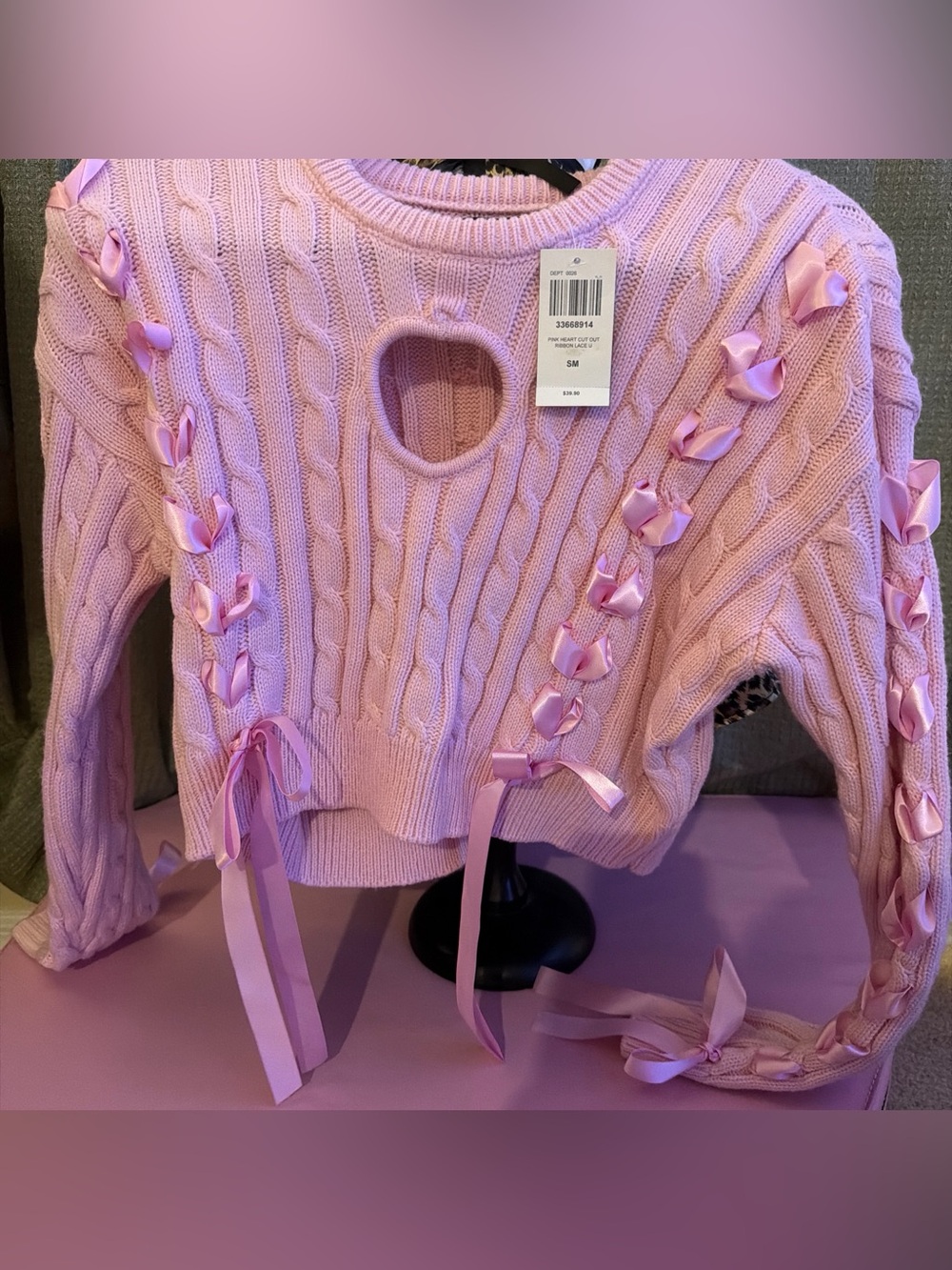 Hot Topic Pink Cable Knit Sweater with Heart Cutout and Ribbon Accents
